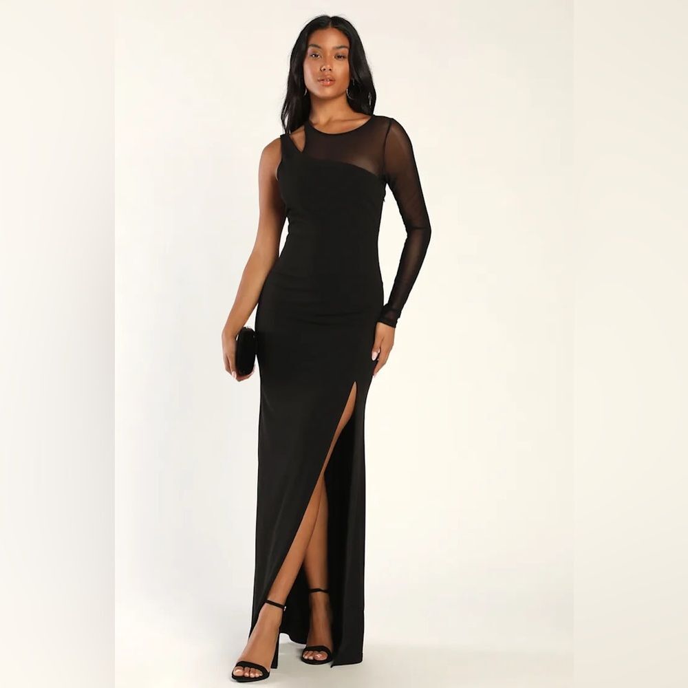 Lulus New Infatuation Black Mesh Asymmetrical Mermaid Maxi Dress